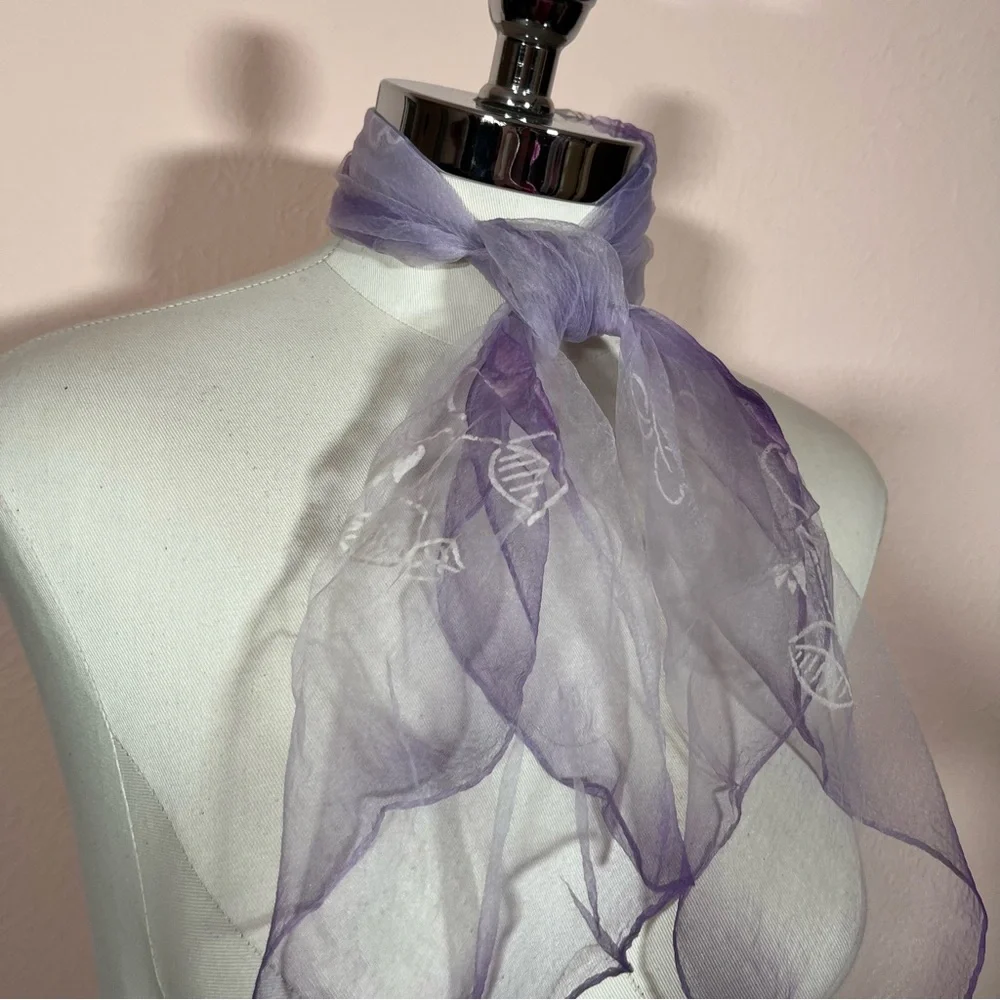 Vintage 1960 70’ semi sheer purple white flocked cottagecore floral Scarf
